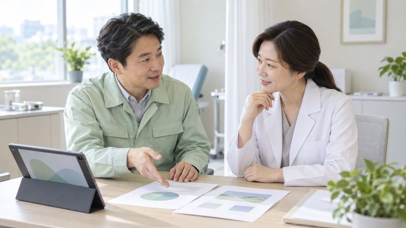 수거 업체 담당자가 병원 원장에게 서류를 보며 배출 절차를 설명하는 모습